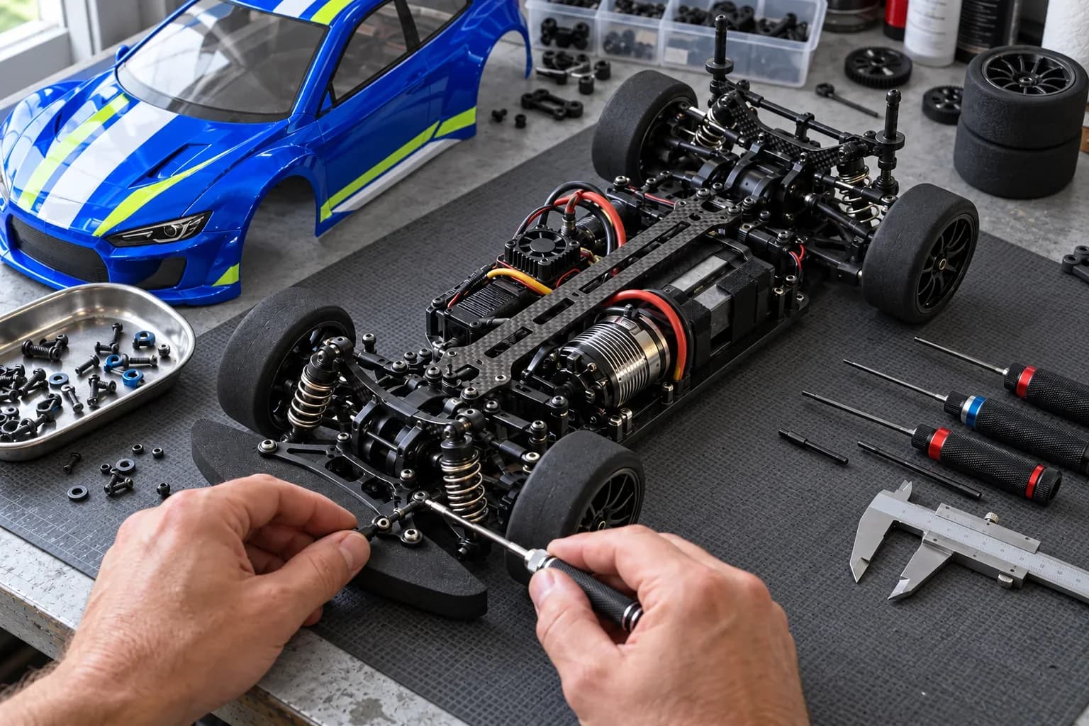 Ruke podešavaju ovjes RC automobila na radnom stolu